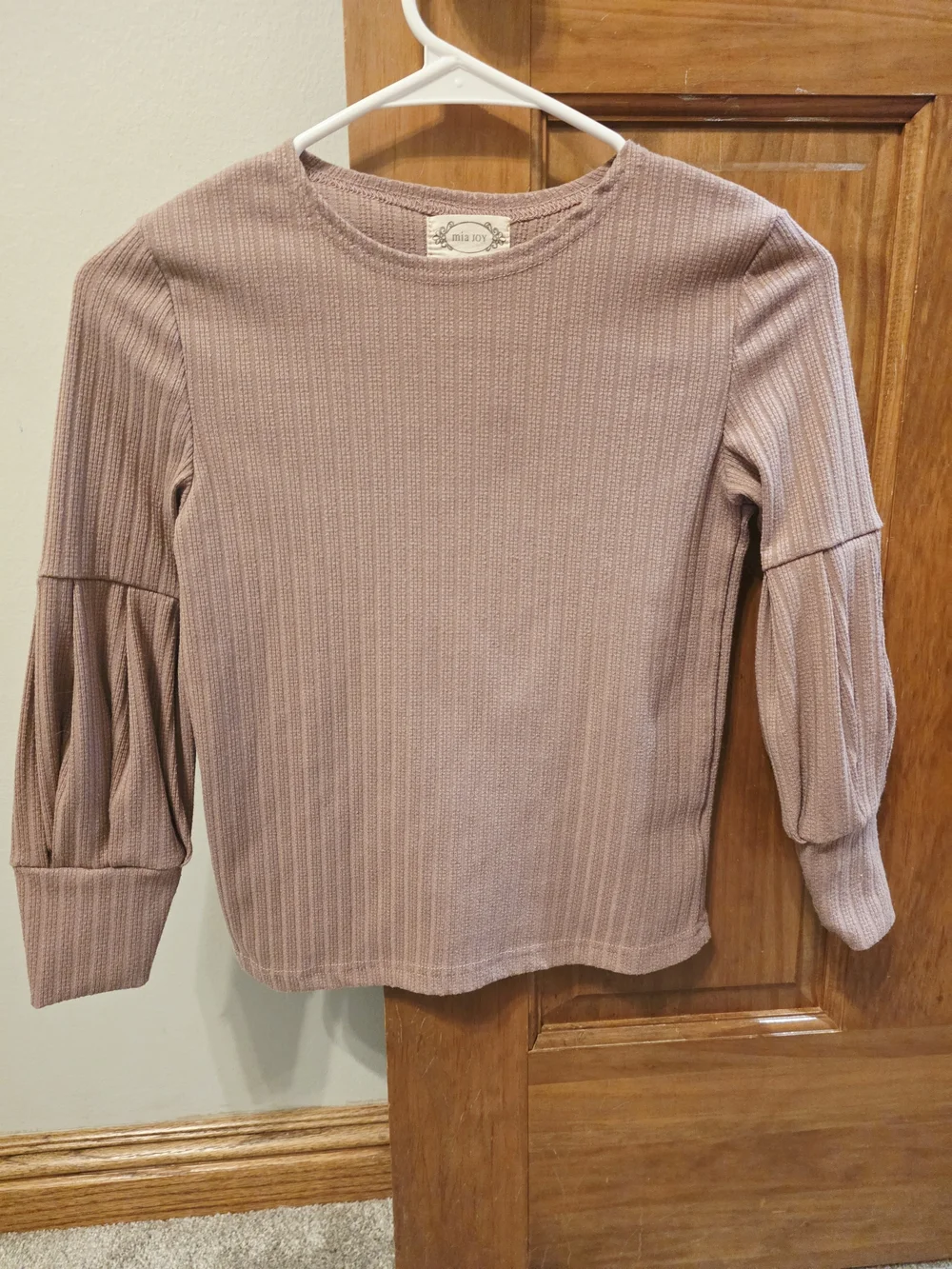 Joyfolie Ribbed Puff-Sleeve Long Sleeve Top in Mauve